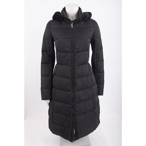 Armani Jeans Womans Down Jacket Coat Sz 38 XS US 2 Black Faux Fur Trim Hood NWT - Picture 1 of 7